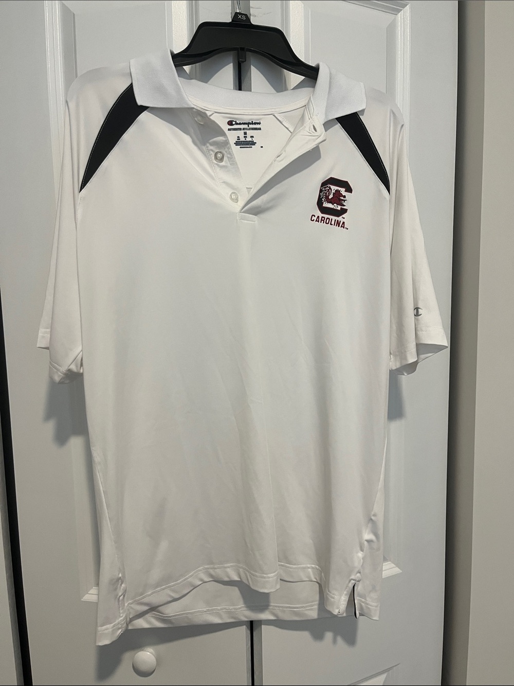 Champion White Polo with Black Shoulder Accents and Carolina Logo